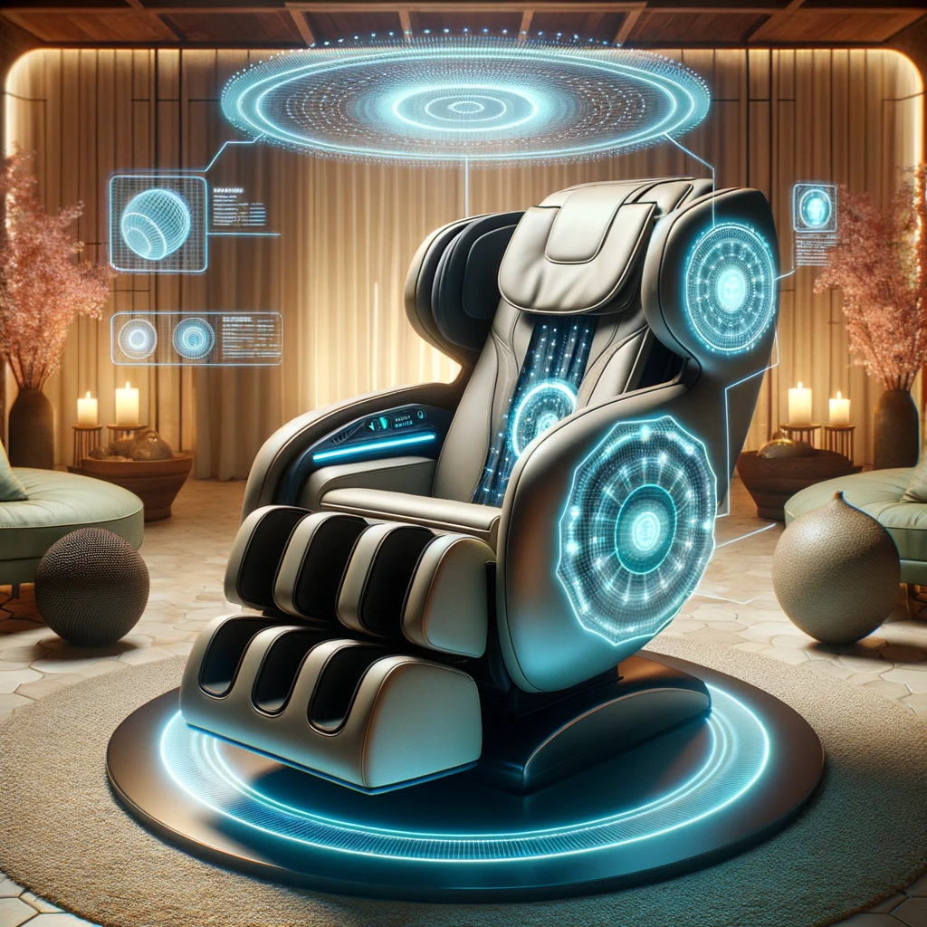 Massage chair with a digital holographic interface detailing its tech features.
