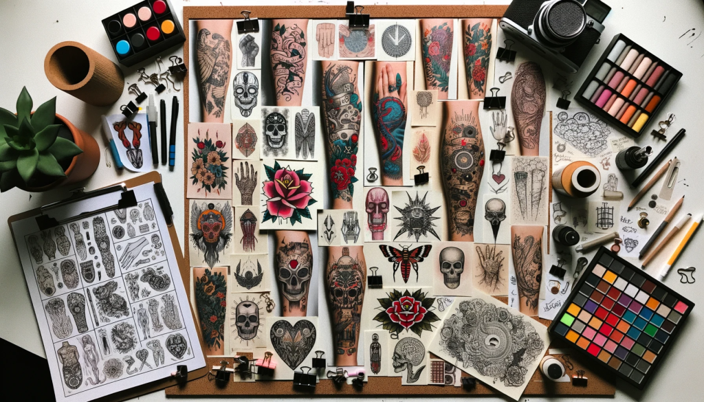 A tattoo mood board displaying a collection of sleeve tattoo inspirations, sketches, and handwritten notes.